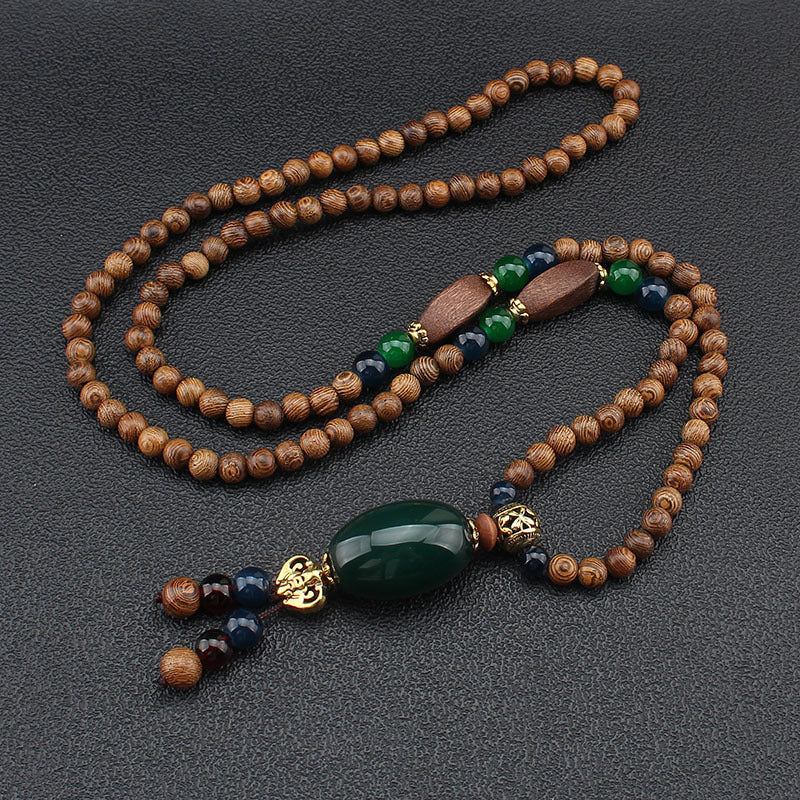 Bohemian Ethnic Wooden Buddha Bead Necklace for Men & Women - Natural Wood & Water Buffalo Turquoise Beads, Handcrafted Retro Unisex Jewelry for Daily Wear, Vacations, Unique Gift Idea