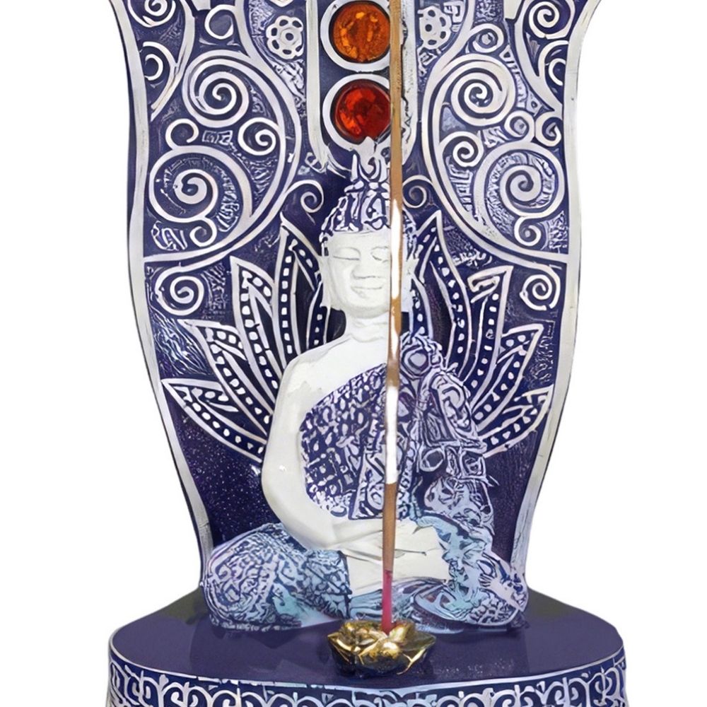 6"H Buddha Incense Burner with Blue and White Buddha Palm Statue Sculpture Ornament Decoration Home/Room Decor and Unique Gift Ideas for Housewarming, Holidays and Birthdays Great Collectible Addition