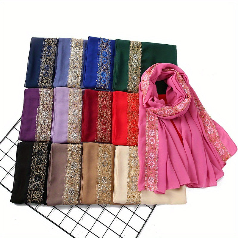 Summer Chiffon Women's Headscarf with Beaded Fringe, Muslim Hijab Long Scarf, Fashion Scarf