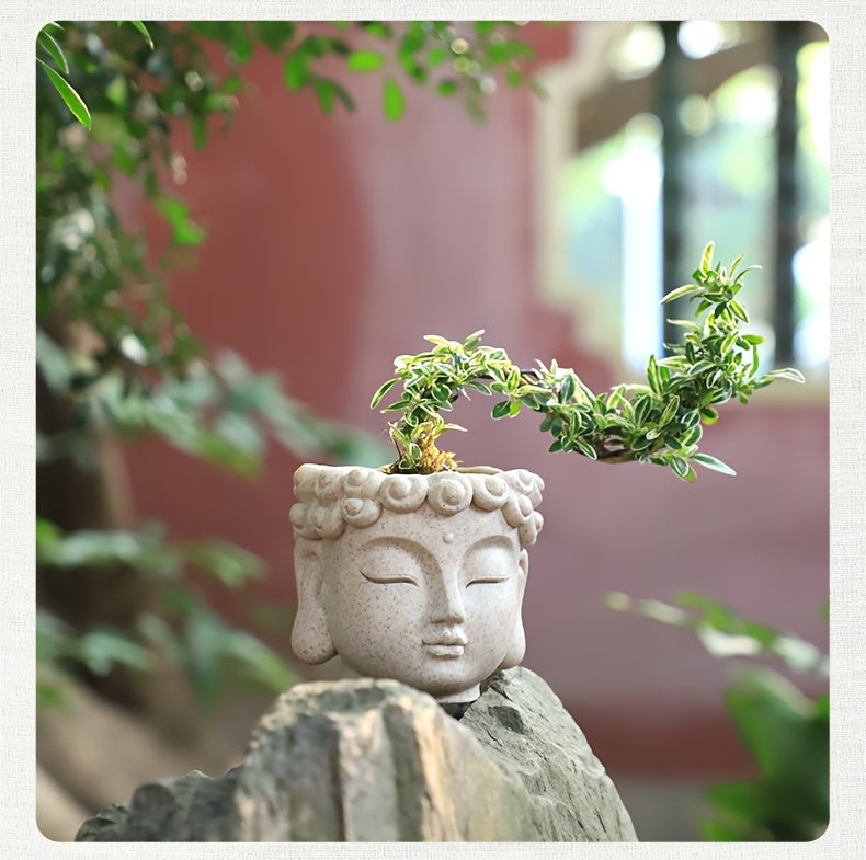 Zen-Inspired Buddha Head Succulent Planter - Resin Cactus Pot for Home & Office Decor, Versatile Indoor/Outdoor Flower Vase, Unique Bonsai Craft Gift