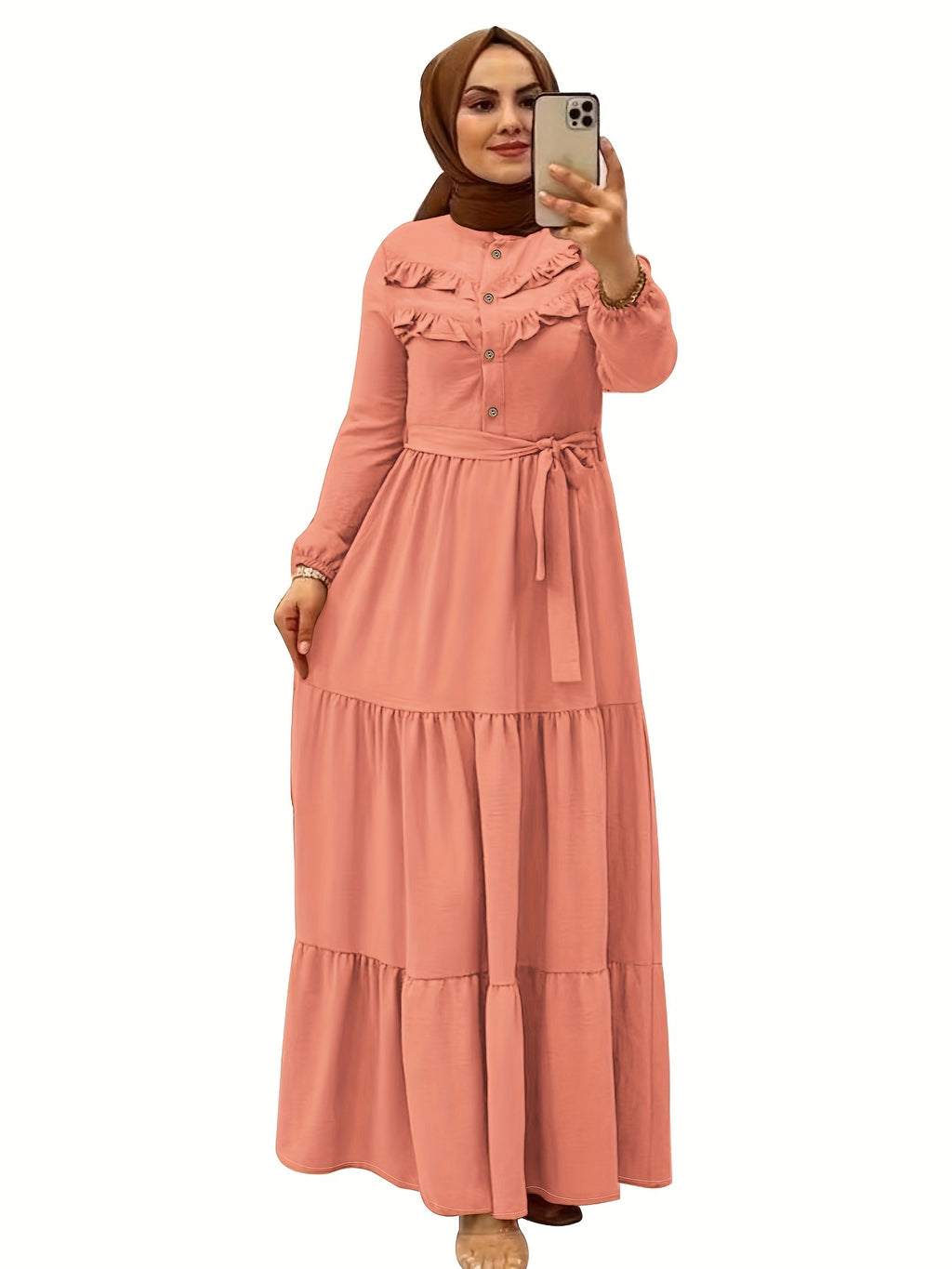 Elegant Light Green Maxi Dress for Muslim Women - Casual Solid Color with Ruffle Hem & Button Detail, Polyester Blend, Machine Washable - Hijab Not Included