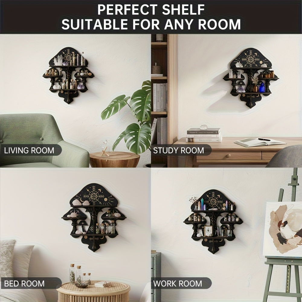 Wooden Mushroom Floating Shelves, Crystal Display Shelf for Wall, Wiccan Incantation Mushroom Wall Decor,  Gem Stone Storage Organizer, Essential Oil Holder Hanging Case, Meditation Art Spiritual Gift