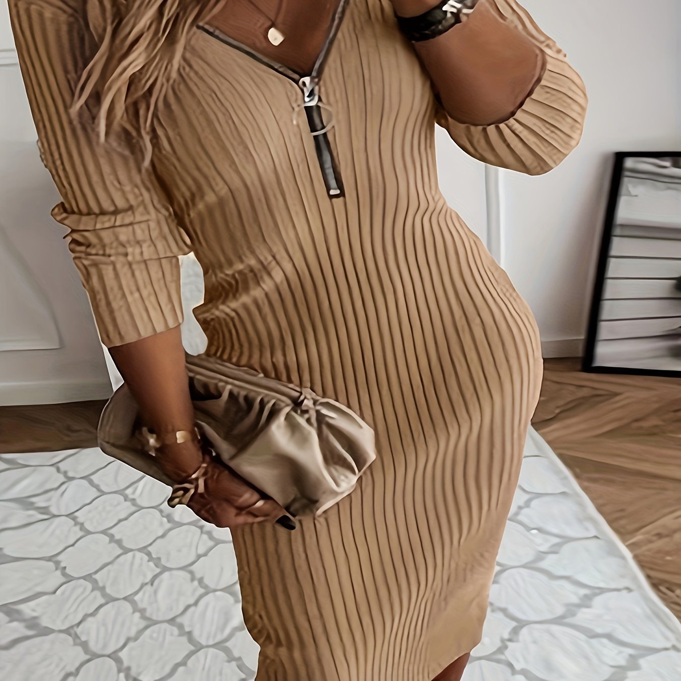 Plus Size - Plus Size - Plus Size, Women'S Plus Size Elegant V-Neck Long Sleeve Dress - Fitted Stretchy Solid Color with Zipper Back, Machine Washable Fall Winter Casual to Formal Wear, Long Sleeve Dresses For Women, Plus Siz