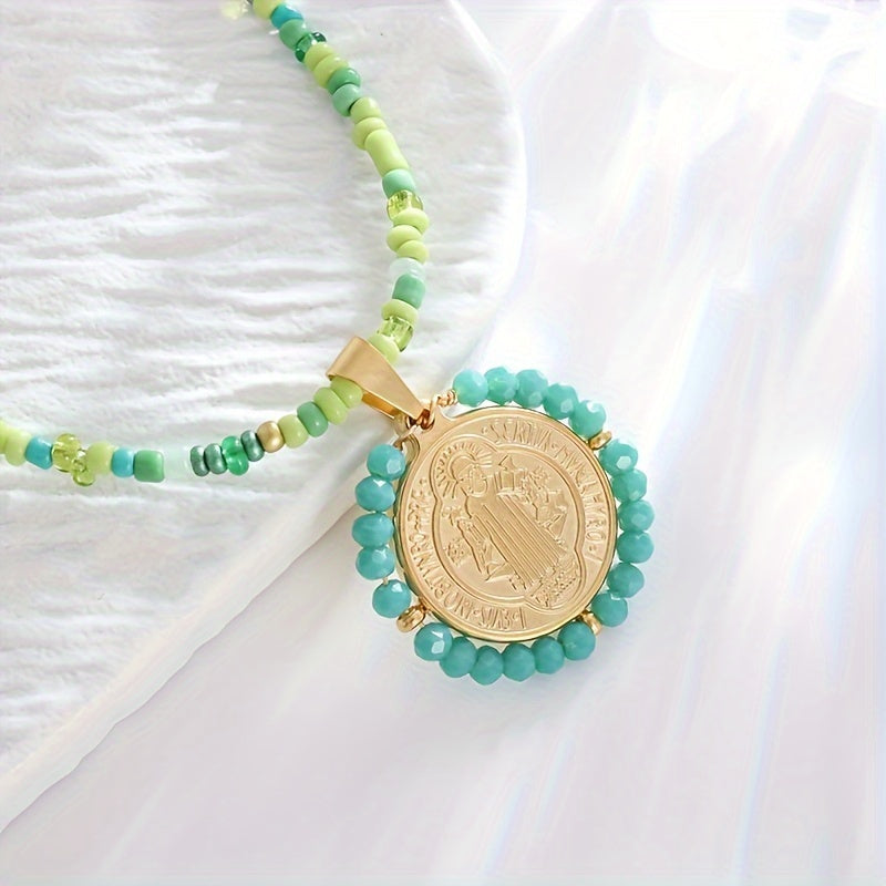 4pcs/set Christian Saint Benedict Pendant Women Girls Boho Style Beaded Rainbow Bead Necklace Saint St. Benedict Cross Amulet Jewelry