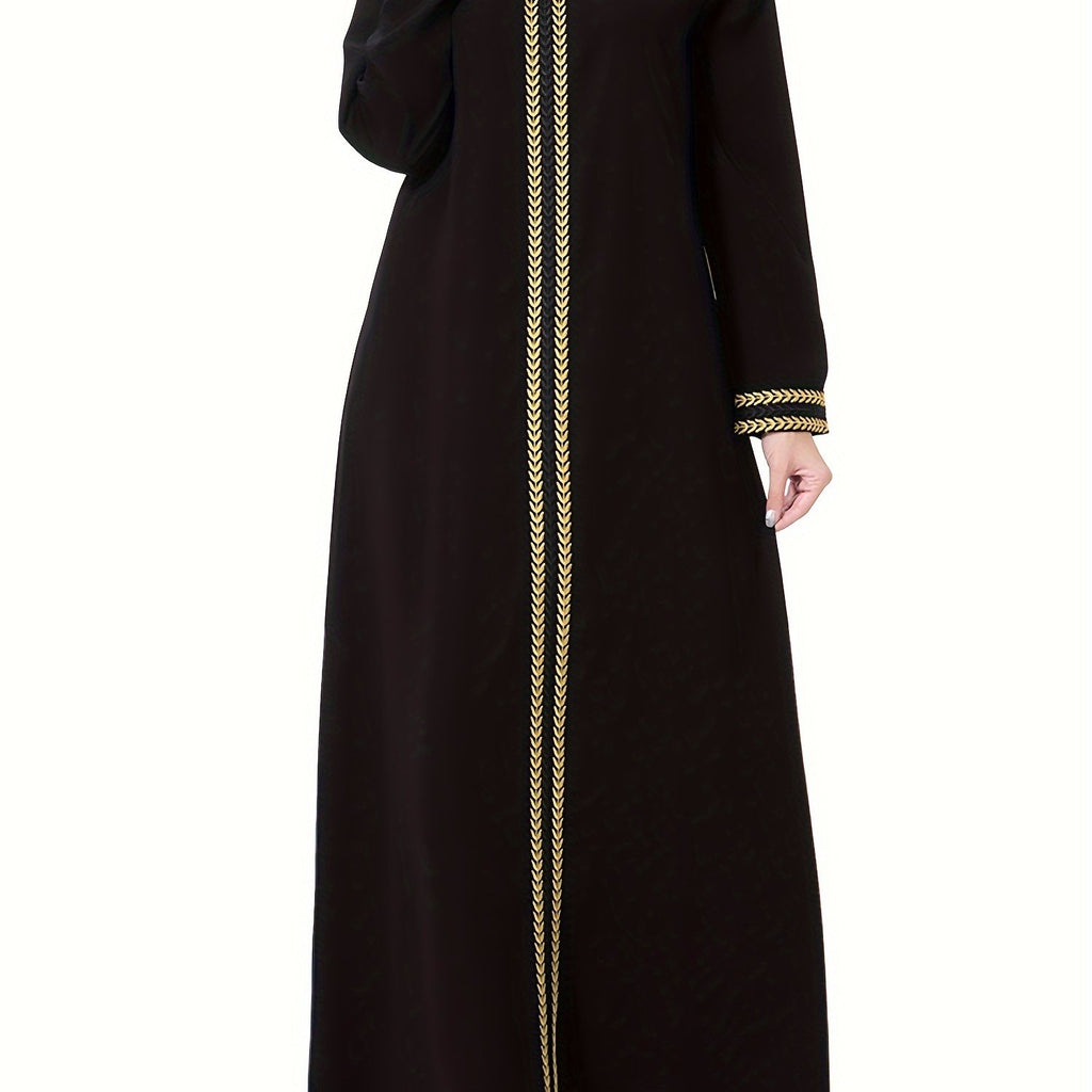 [Navy Blue Kaftan] Navy Blue Muslim Kaftan Dress | Elegant, Golden Embroidery, Sleeve, Loose Fit, Maxi Length, Hijab-Friendly Design, All-Season Wear