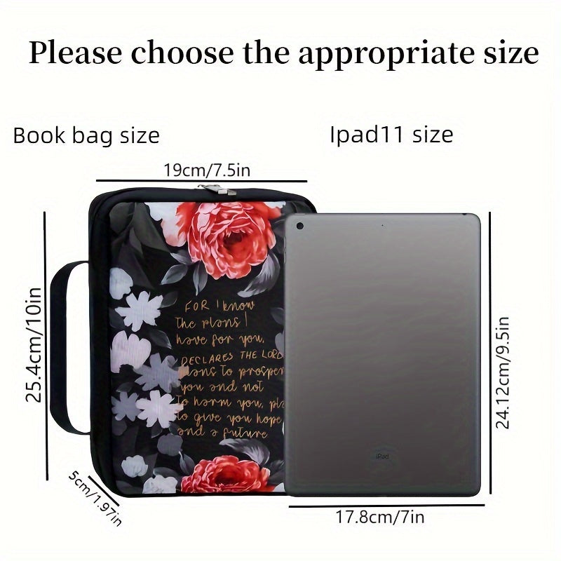 Floral Polyester Bible Cover with Handle, Carrying Organizer Bag, Christian Study Bible Case with Pockets and Bookmark - Protective Scripture Tote for Girls and Women