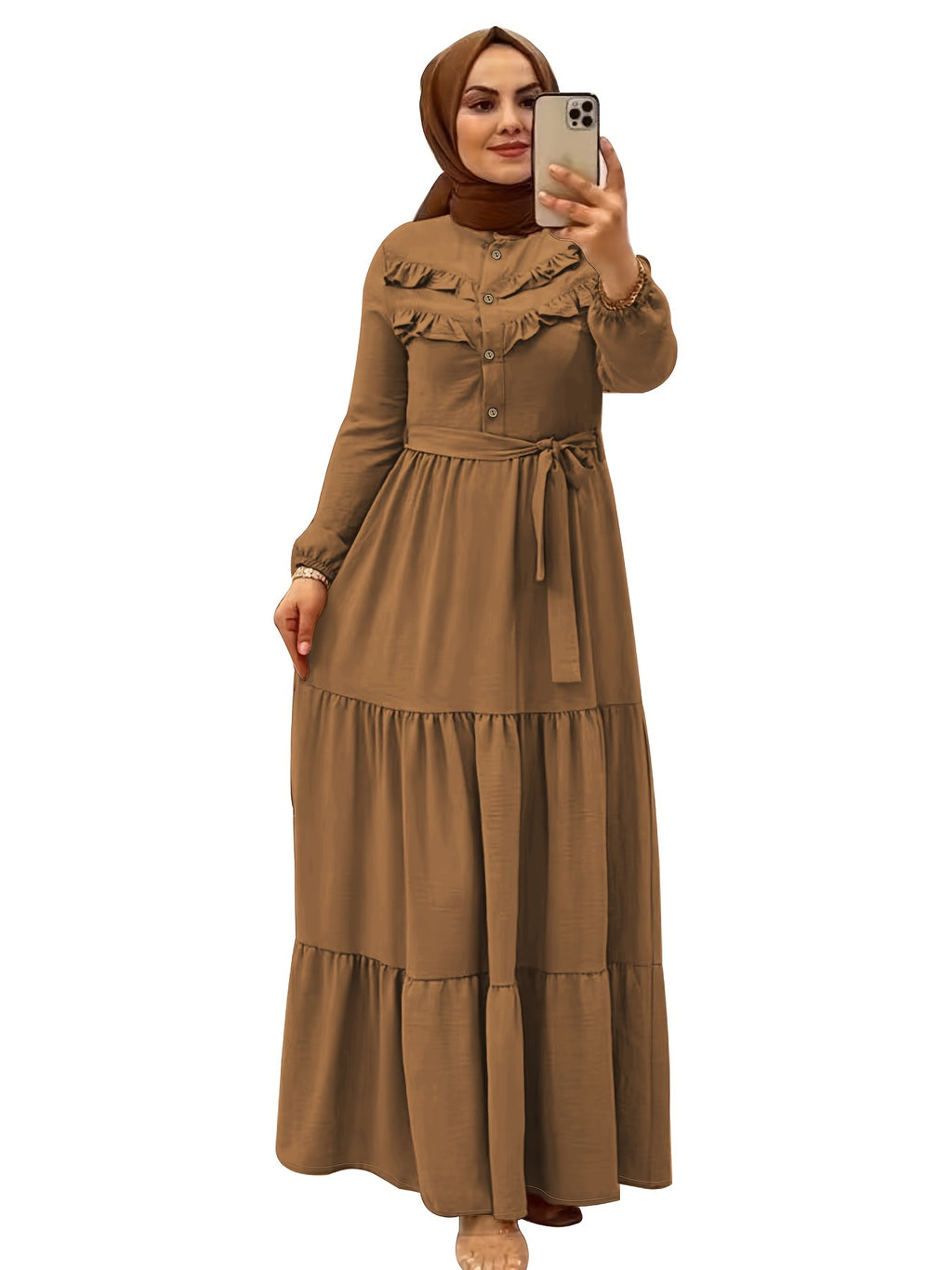 Elegant Light Green Maxi Dress for Muslim Women - Casual Solid Color with Ruffle Hem & Button Detail, Polyester Blend, Machine Washable - Hijab Not Included