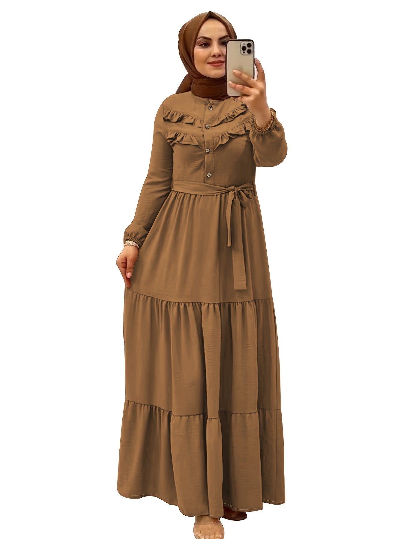 Elegant Light Green Maxi Dress for Muslim Women - Casual Solid Color with Ruffle Hem & Button Detail, Polyester Blend, Machine Washable - Hijab Not Included