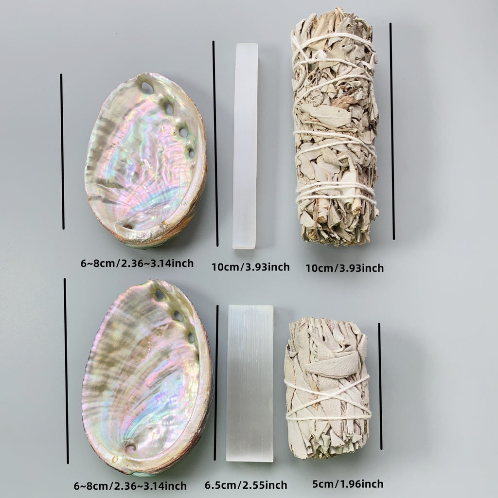 Selenite Crystal & White Sage Smudge Kit with Natural Abalone Shell - Boho Style Energy Cleansing Ritual Set for Home Purifying, Spiritual Healing - Perfect for Christmas, Halloween, Easter, Hanukkah, Thanksgiving - Complete