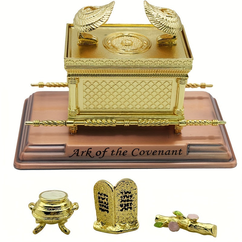 4-Piece Traditional Metal Ark of the Covenant Set - Home Decor Replicas, Jewish Religious Statues, Golden Jars, Aaron's Rod, Mana Pot, Rattan Staff - Suitable for Easter, Halloween, Hanukkah, Independence Day, Universal Holid