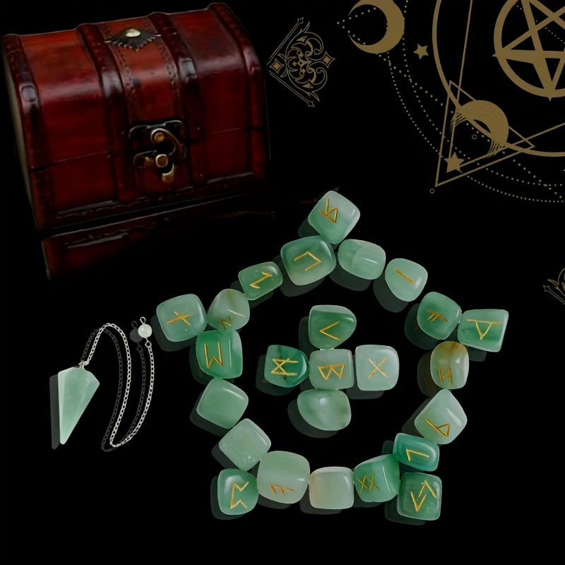 A Set of Crystal Agate Runes Featuring Viking Designs, with Intricately Carved Letters. This Collection Includes 25pcs of Futhark Rune Stones Made from Polished Gems
