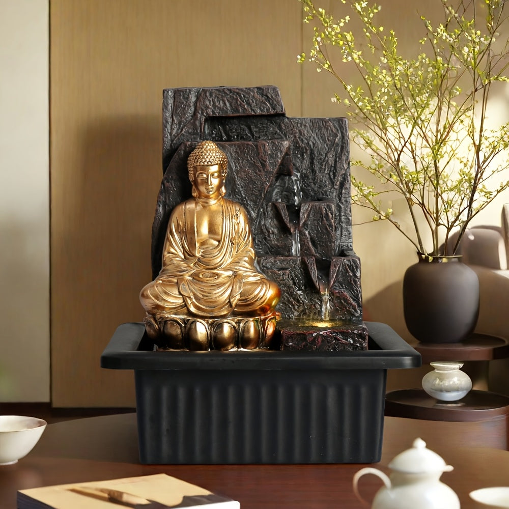 Tabletop Waterfall Buddha Fountain With LED Multi-Color Lighting: An Ideal Indoor Decor For Office, Home, And Bedroom Settings