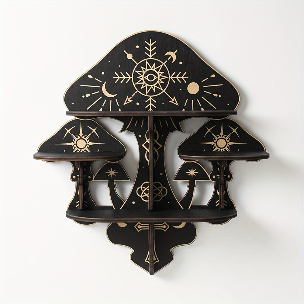 Wooden Mushroom Floating Shelves, Crystal Display Shelf for Wall, Wiccan Incantation Mushroom Wall Decor,  Gem Stone Storage Organizer, Essential Oil Holder Hanging Case, Meditation Art Spiritual Gift