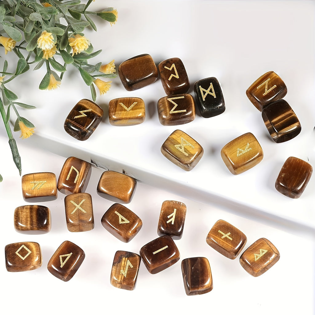 A Nordic Rune Set Featuring Crystal Rune Stones, Including 25 Rune Stones, a Pendant, And a Carved Wooden Board. Elegant And Exquisite