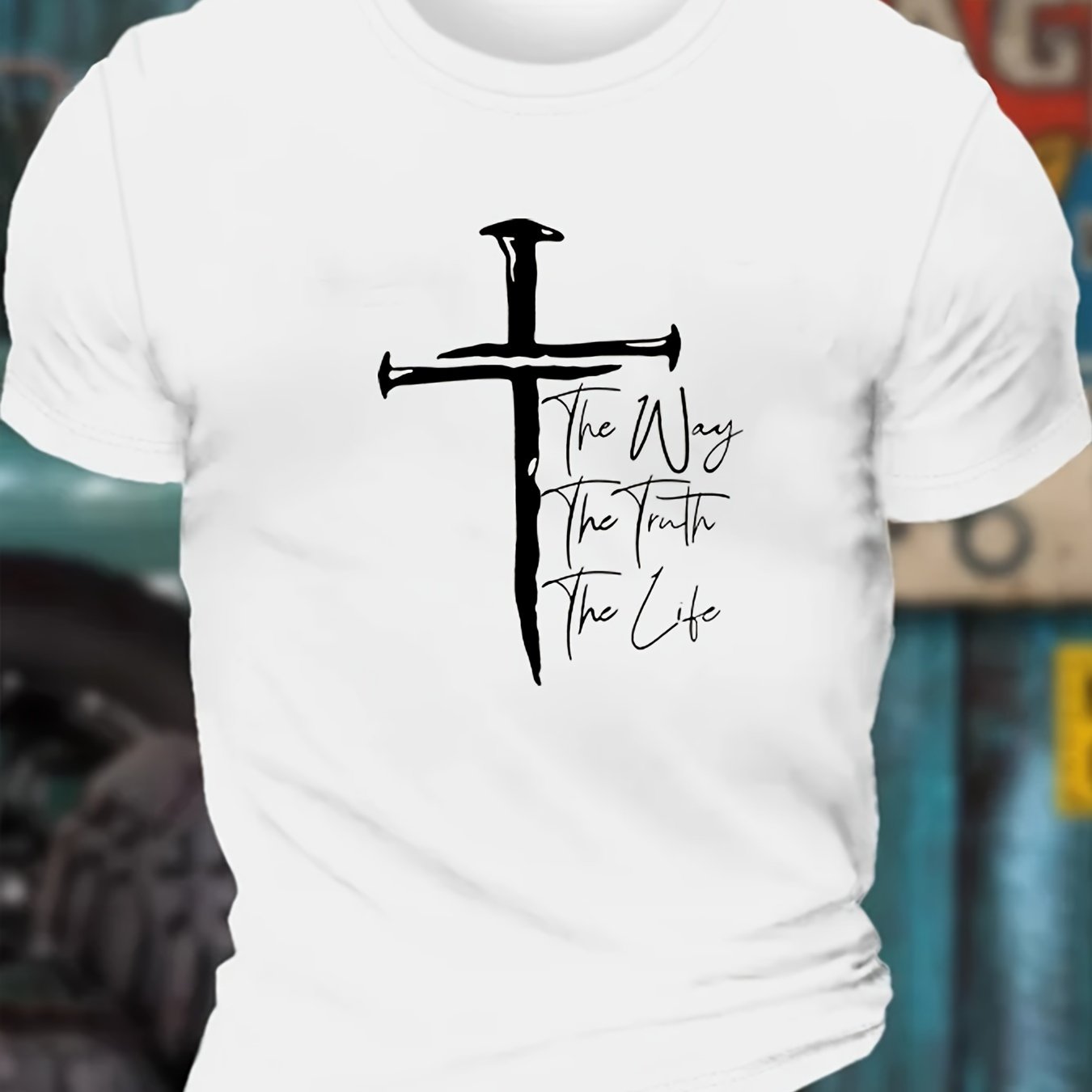 Creative Christian Cross Graphic Print Casual Crew Neck Short Sleeve T-shirt For Men, Comfy Casual Summer T-Shirt For Daily Wear Work Out And Vacation Resorts