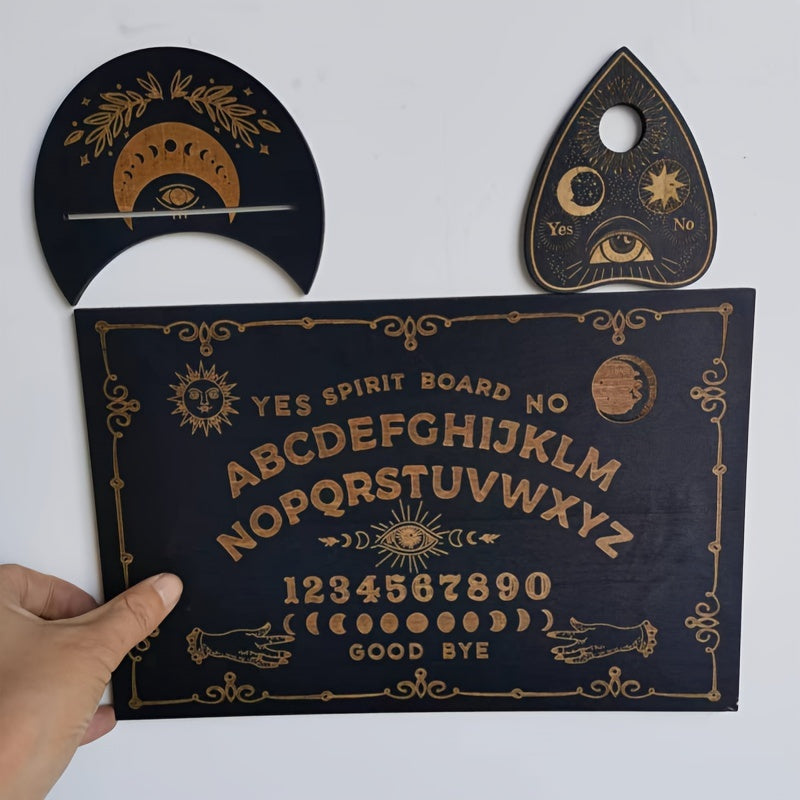 Vintage Halloween Spirit Board Set - 3pcs Wooden Ouija Board Kit with Planchette for Divination, Party Games, and Supernatural Art Display - No Electricity Required, Featherless