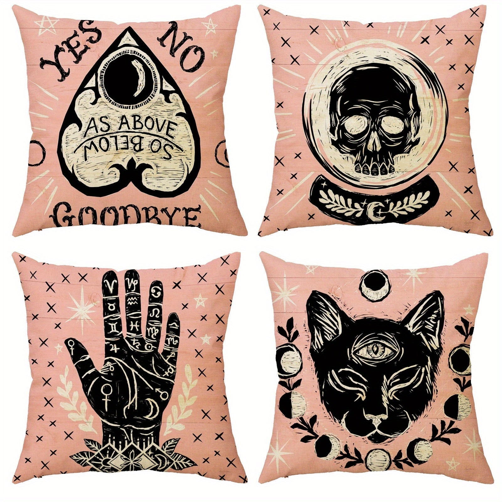 Vintage Divination Throw Pillow Covers Set of 4 - Halloween Theme, Machine Washable Linen Blend Zippered Cushion Cases for Sofa, Bed and Living Room Decor, Skull, Cat, Moon, and Occult Designs