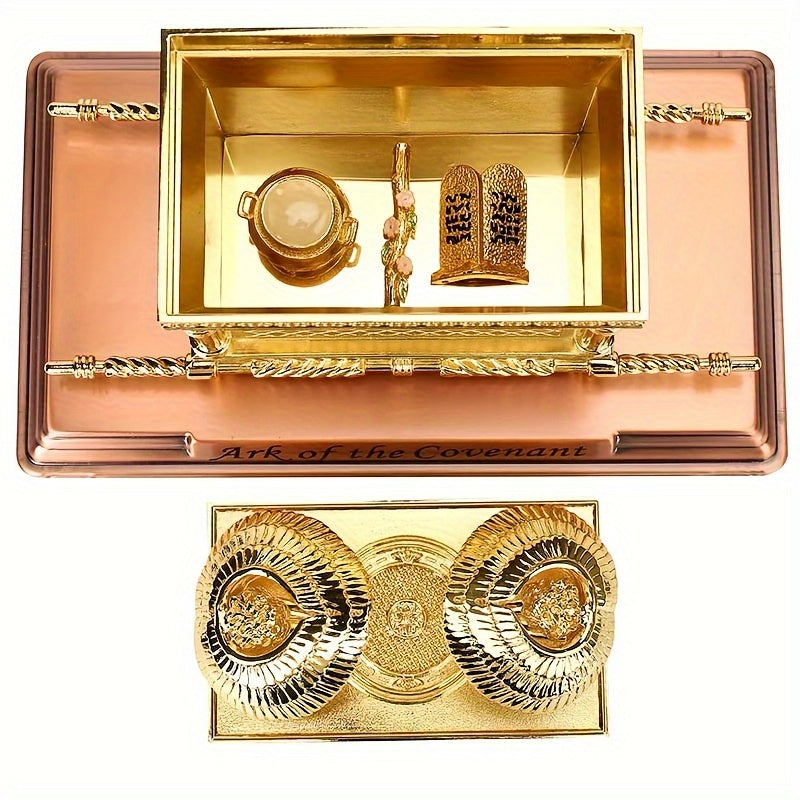 4-Piece Traditional Metal Ark of the Covenant Set - Home Decor Replicas, Jewish Religious Statues, Golden Jars, Aaron's Rod, Mana Pot, Rattan Staff - Suitable for Easter, Halloween, Hanukkah, Independence Day, Universal Holid