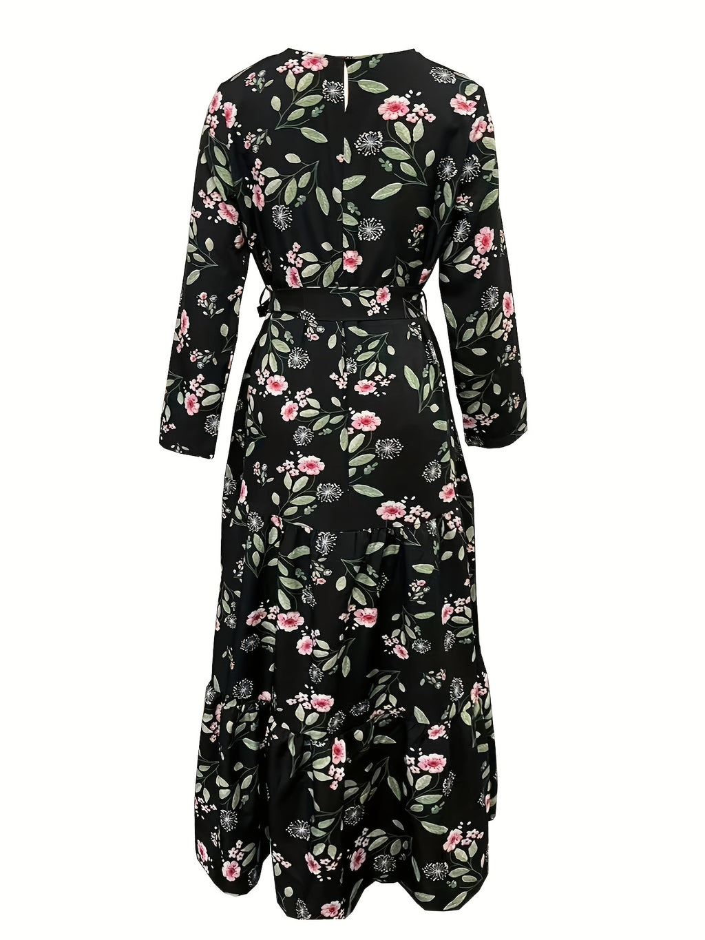 2023 New Women's Elegant Middle Eastern Abaya - Black Floral Print with Red Flowers, Long Sleeve Lace-Up Modest Dress, Machine Washable for Spring Summer Fall, Abaya Dress Fancy, Comfortable Modestwear, No Stretch Fabric, Mus