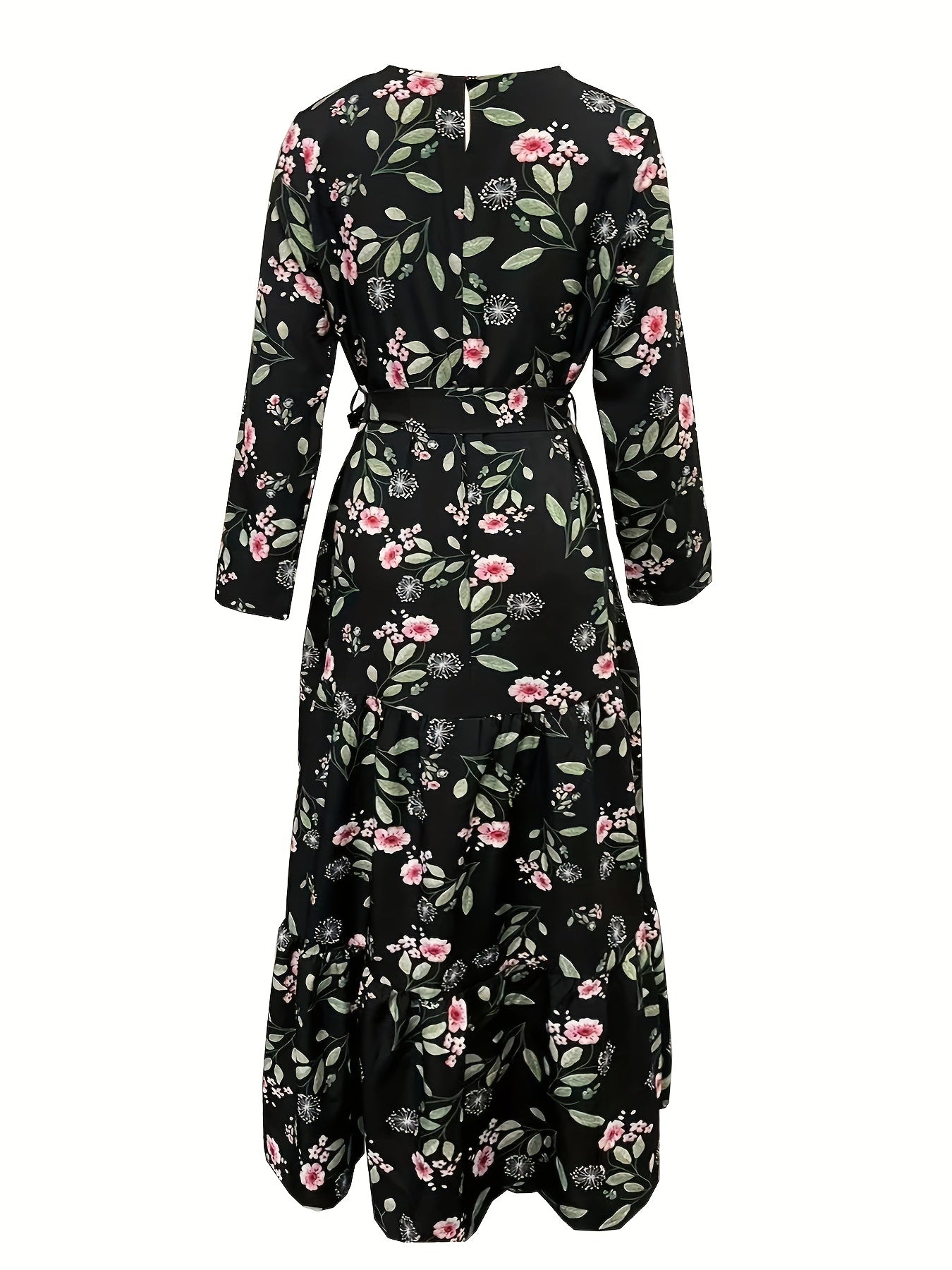 2023 New Women's Elegant Middle Eastern Abaya - Black Floral Print with Red Flowers, Long Sleeve Lace-Up Modest Dress, Machine Washable for Spring Summer Fall, Abaya Dress Fancy, Comfortable Modestwear, No Stretch Fabric, Mus