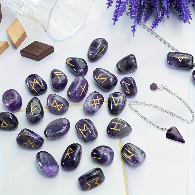 A Set of Crystal Agate Runes Featuring Viking Designs, with Intricately Carved Letters. This Collection Includes 25pcs of Futhark Rune Stones Made from Polished Gems