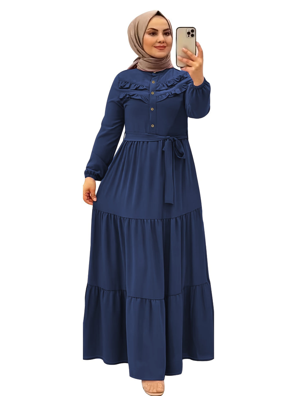 Elegant Light Green Maxi Dress for Muslim Women - Casual Solid Color with Ruffle Hem & Button Detail, Polyester Blend, Machine Washable - Hijab Not Included