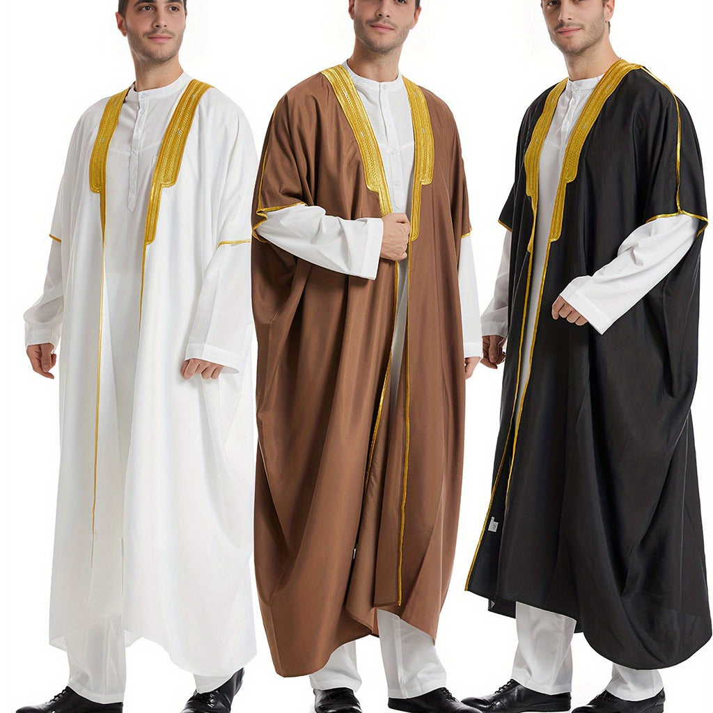 Men's Muslim Ethnic Style Golden Stripe Pattern Long Sleeve Scholar Robe With Open Placket, Suitable For Height Between 168 To 72.83 Inch, Chic And Stylish For Formal Occasions