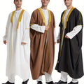 Men's Muslim Ethnic Style Golden Stripe Pattern Long Sleeve Scholar Robe With Open Placket, Suitable For Height Between 168 To 72.83 Inch, Chic And Stylish For Formal Occasions
