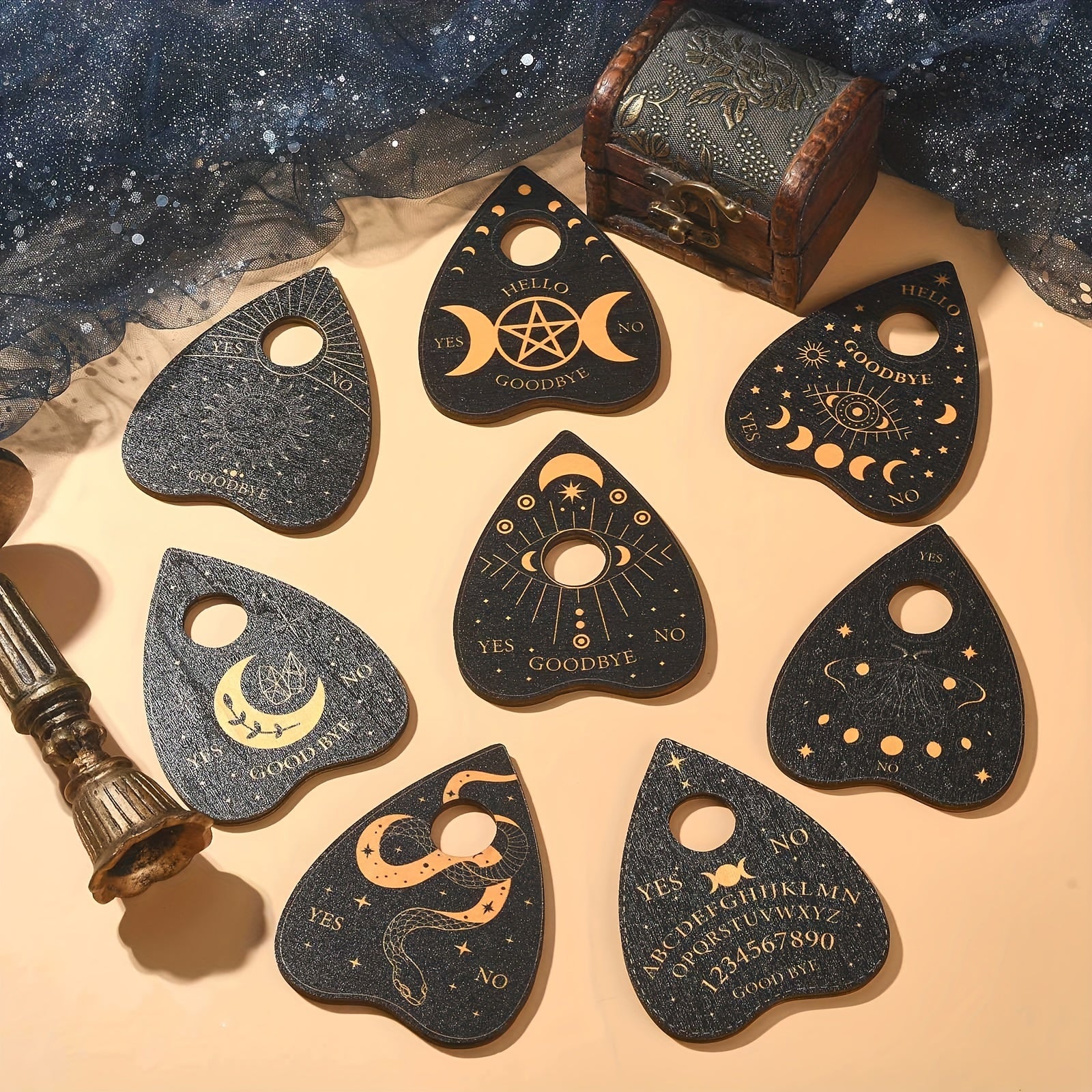 Vintage Wooden Heart-Shaped Planchettl Set, 8pcs - Mystical Ouija Design, Spirit Board Style Stands for Divination Tools, Engraved Astrological Symbols, No Power Supply Needed