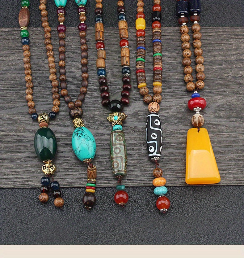 Bohemian Ethnic Wooden Buddha Bead Necklace for Men & Women - Natural Wood & Water Buffalo Turquoise Beads, Handcrafted Retro Unisex Jewelry for Daily Wear, Vacations, Unique Gift Idea