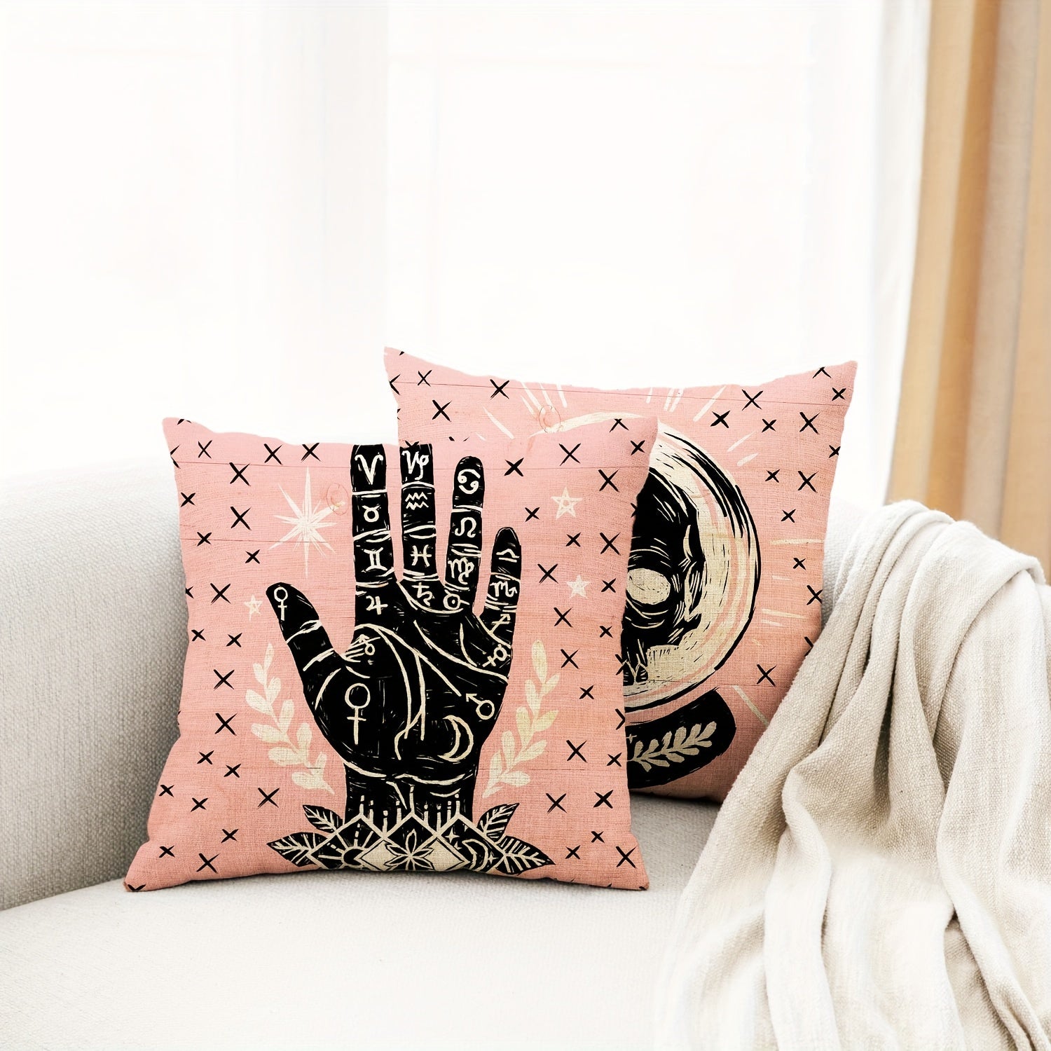 Vintage Divination Throw Pillow Covers Set of 4 - Halloween Theme, Machine Washable Linen Blend Zippered Cushion Cases for Sofa, Bed and Living Room Decor, Skull, Cat, Moon, and Occult Designs