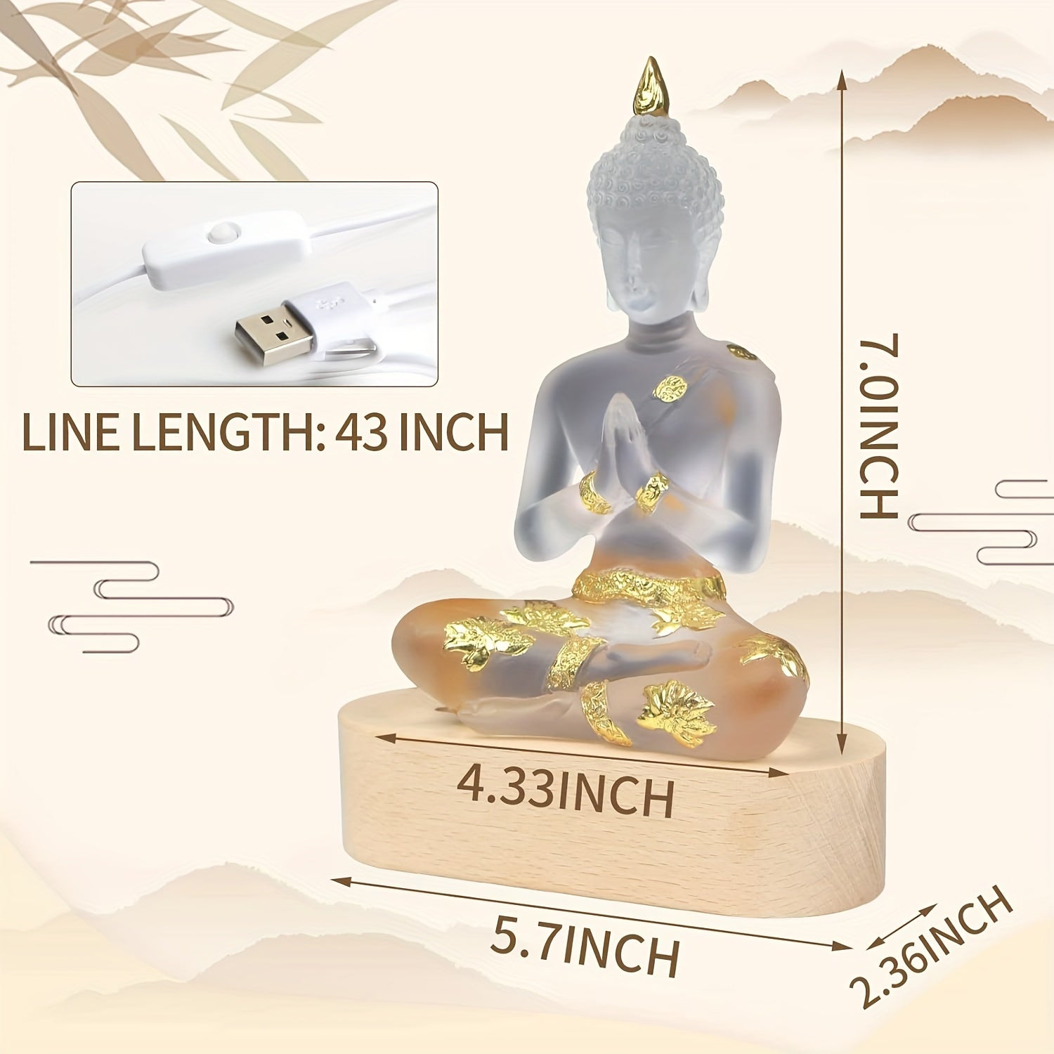 Buddha Statue with LED Light Base, 7'' Seated Small Figurine Collectibles Meditation Decor, Transparent Sculpture Ornaments for Spiritual Living Room, Yoga Zen, Home Decoration