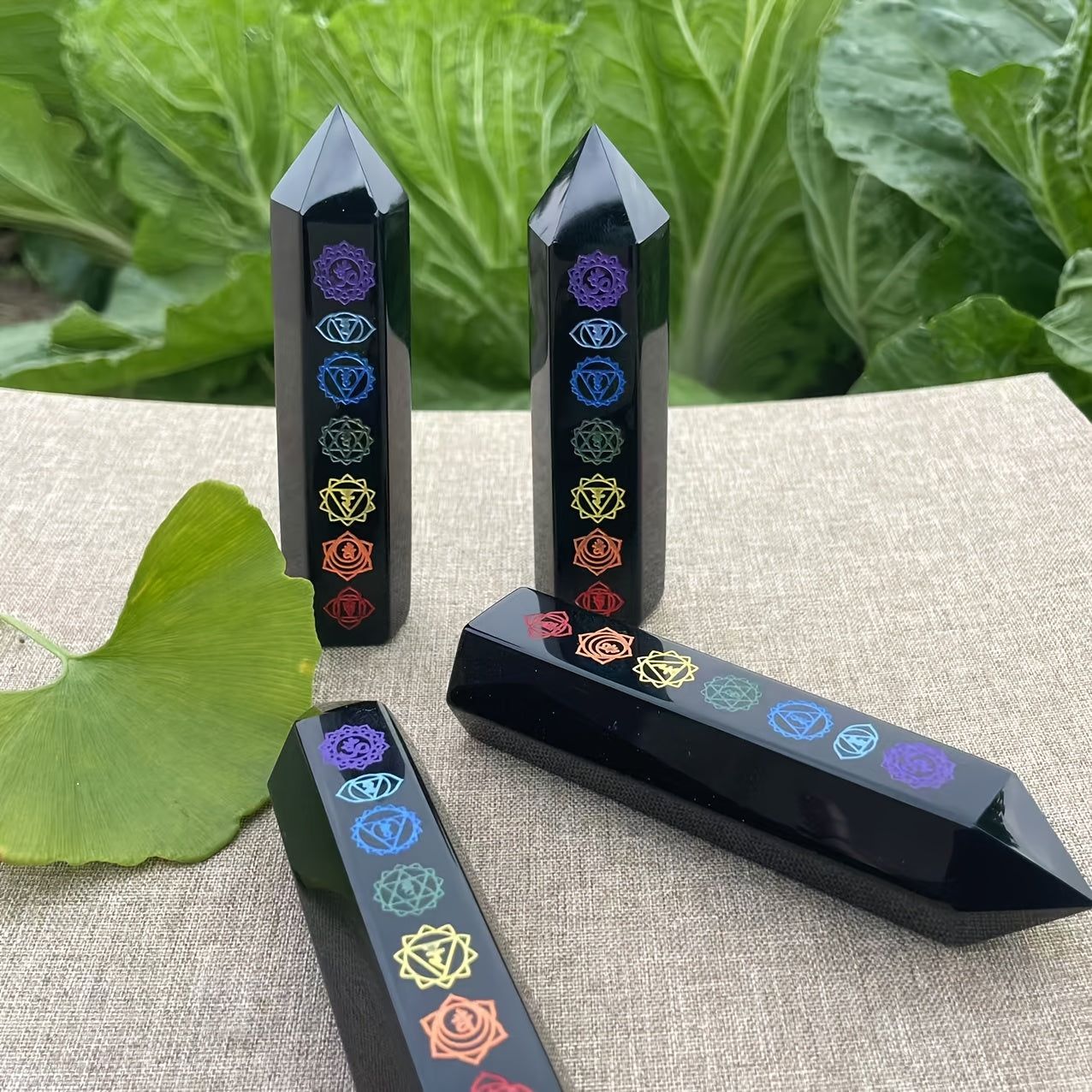 Seven Chakra Obsidian Rune Pillar - Hexagonal Crystal Tower, Gemstone for Home And Office Decoration