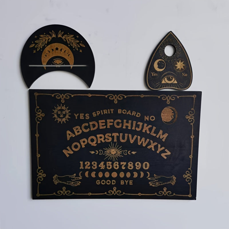 Vintage Halloween Spirit Board Set - 3pcs Wooden Ouija Board Kit with Planchette for Divination, Party Games, and Supernatural Art Display - No Electricity Required, Featherless