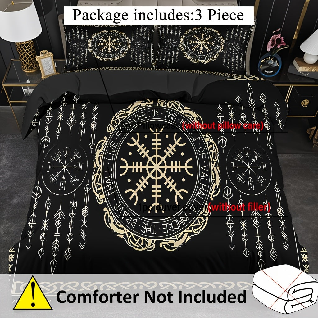 3pcs Comfortable Nordic Rune Theme Duvet Cover Set, Soft High-Definition Digital Print Perfect Gift, Soft Breathable 100% Polyester, All-Season, Family And Friends Gift, Machine Washable (1 Duvet Cover + 2 Pillowcases, No Fil