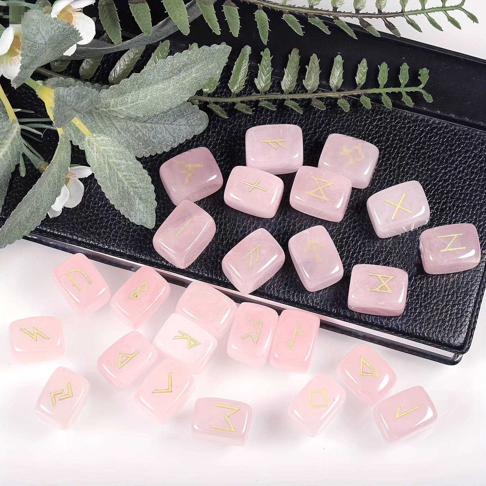 A Nordic Rune Set Featuring Crystal Rune Stones, Including 25 Rune Stones, a Pendant, And a Carved Wooden Board. Elegant And Exquisite