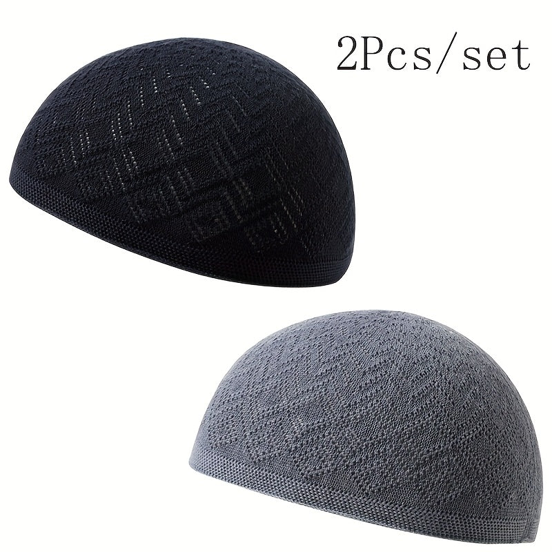 2pcs/Set Men'S Muslim Kufi Cap, Breathable Knitted Polyester Prayer Hat, Lightweight Middle Eastern Arab Traditional Headwear, Adjustable Toggle Closure, Machine Washable, Ramadan Celebration