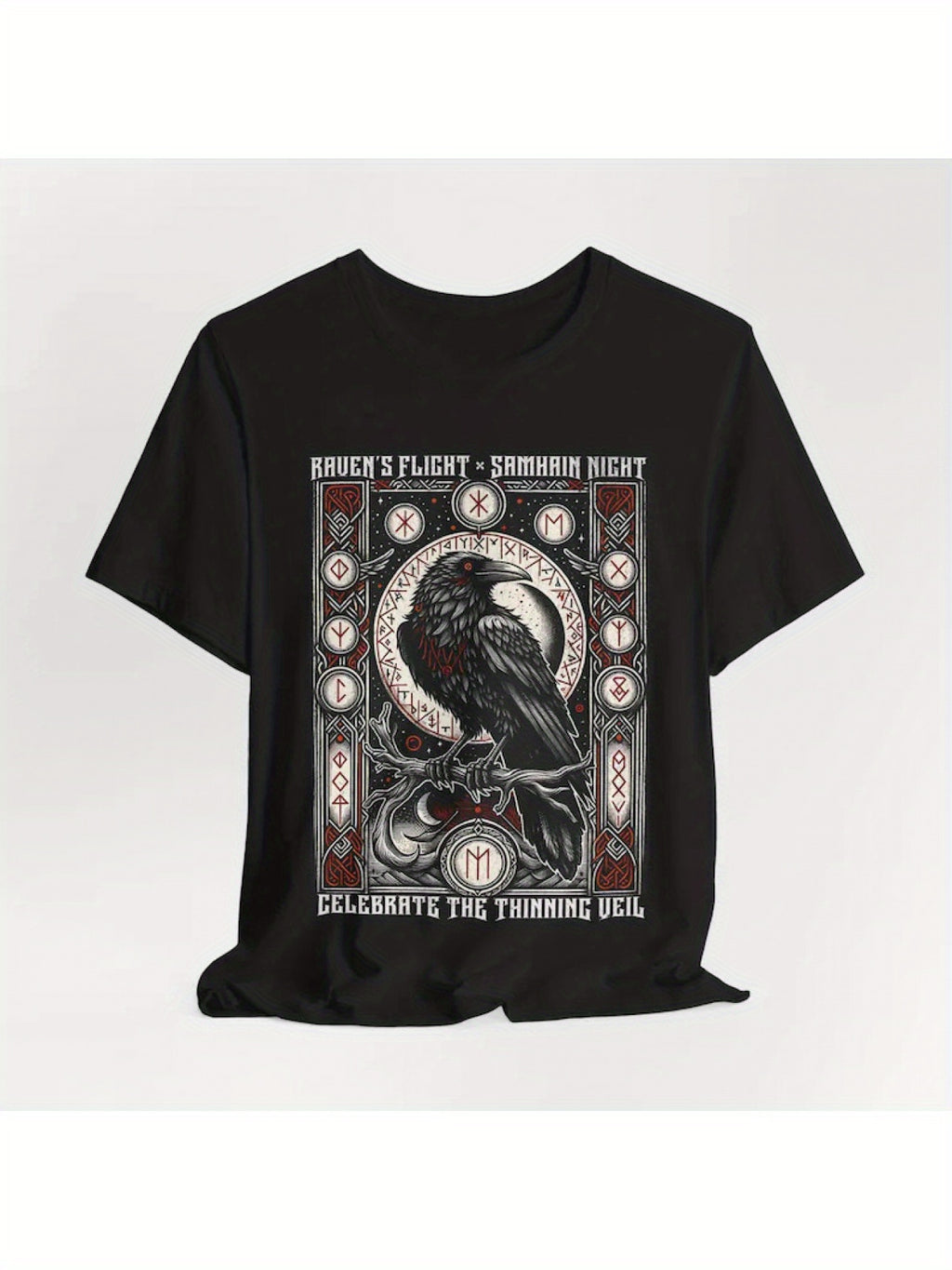 Samhain Night Celtic Norse Pagan Gothic Metal Halloween Raven Viking Odin T-Shirt - 100% Cotton Unisex Casual Tee with Rune Magic Design, Machine Washable Regular Fit Short Sleeve Round Neck, Spiritual Theme Apparel, Mystical