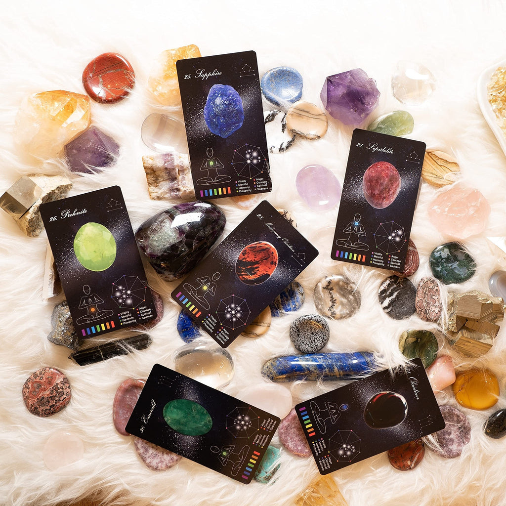 Crystal Healing & Planet Oracle Cards Deck - 60 Card Stock Divination Cards with Guidebook for Astrology & Energy Work, Educational Tarot Game for Adults, Teens 14+