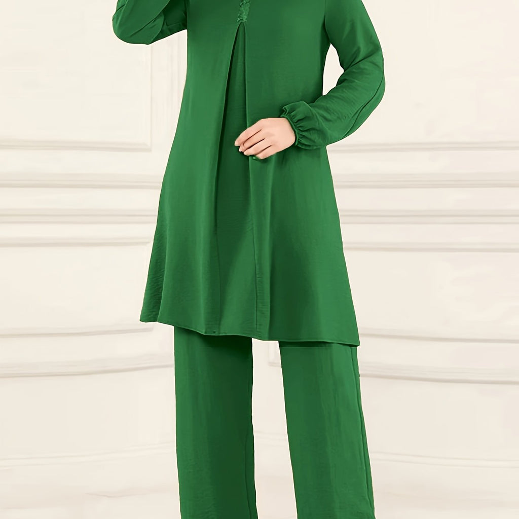 Ramadan Elegant Solid Muslim Two-piece Set, Long Sleeve Crew Neck Top & Straight Leg Pants Outfits, Women's Clothing