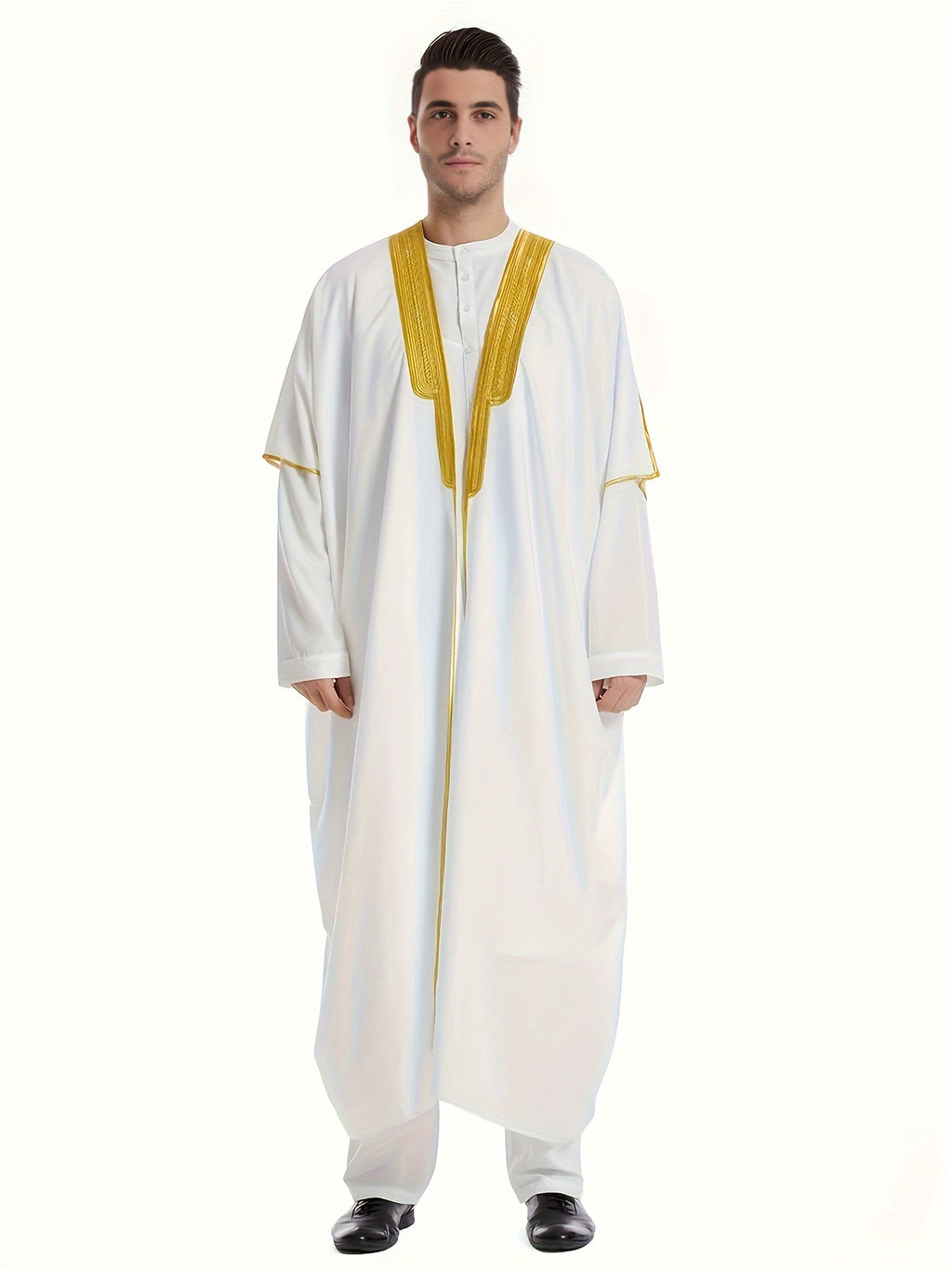 Men's Muslim Ethnic Style Golden Stripe Pattern Long Sleeve Scholar Robe With Open Placket, Suitable For Height Between 168 To 72.83 Inch, Chic And Stylish For Formal Occasions