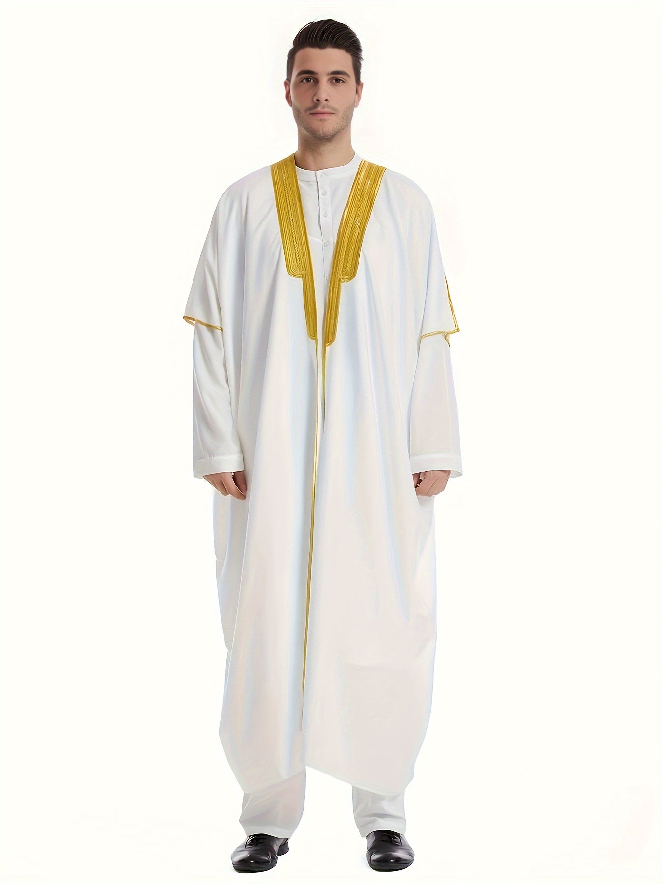 Men's Muslim Ethnic Style Golden Stripe Pattern Long Sleeve Scholar Robe With Open Placket, Suitable For Height Between 168 To 72.83 Inch, Chic And Stylish For Formal Occasions