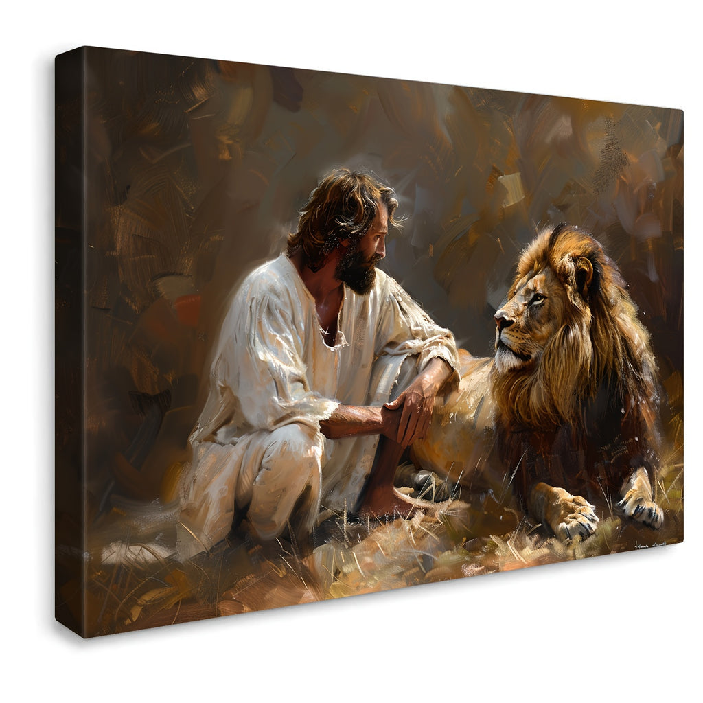 1pc Framed Lion and Jesus Canvas Wall Decor Striking Lion of Judah Poster with Savior Inspirational Christian Art for Office Church and Home Ready to Hang