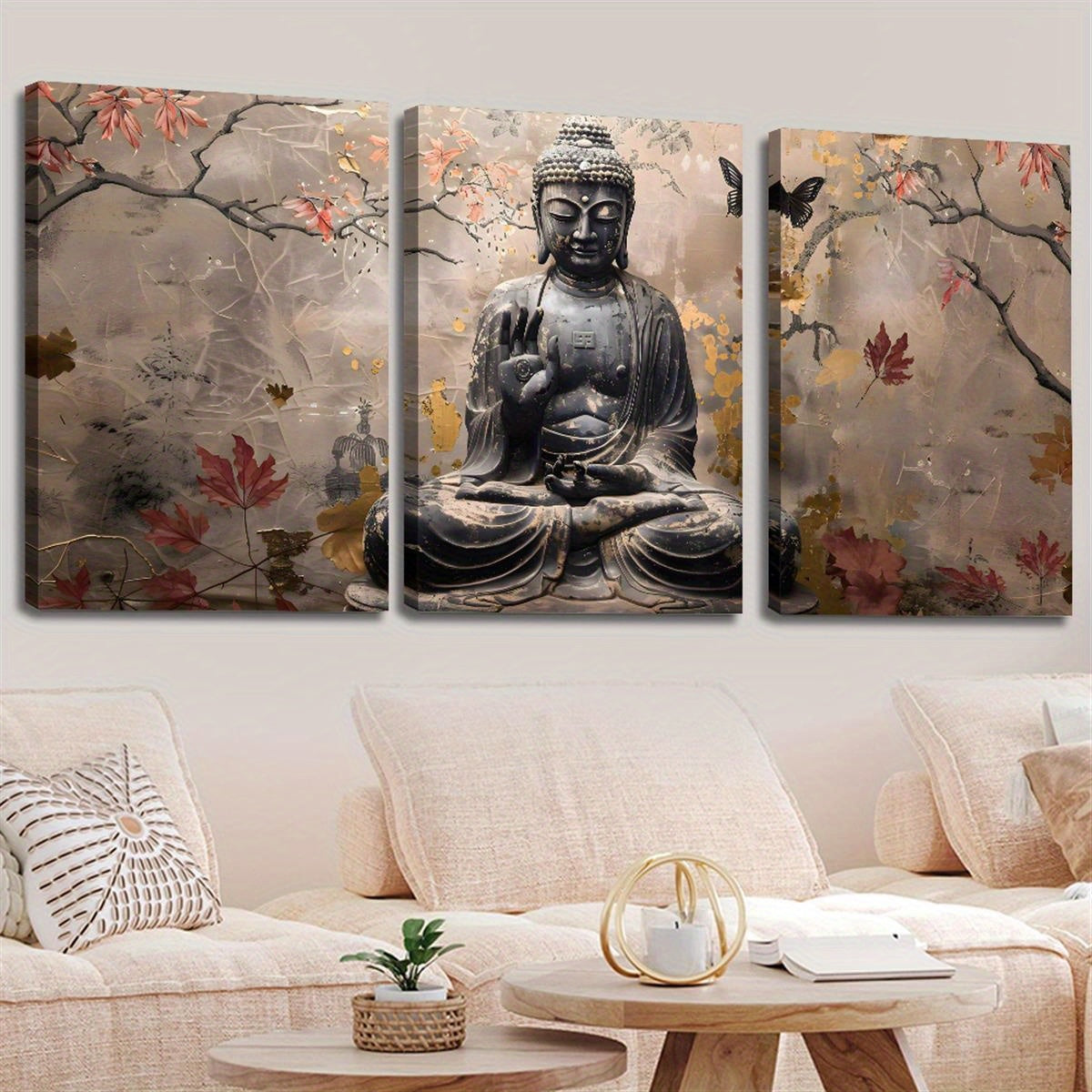 2D Flat, 3pcs wood framed canvas print art, 2D Flat, Painting of Buddha statue in autumn tranquility, sepia and Golden art, religious poster, Suitable for home wall decoration, 2D Flat, Perfect for Room Decor