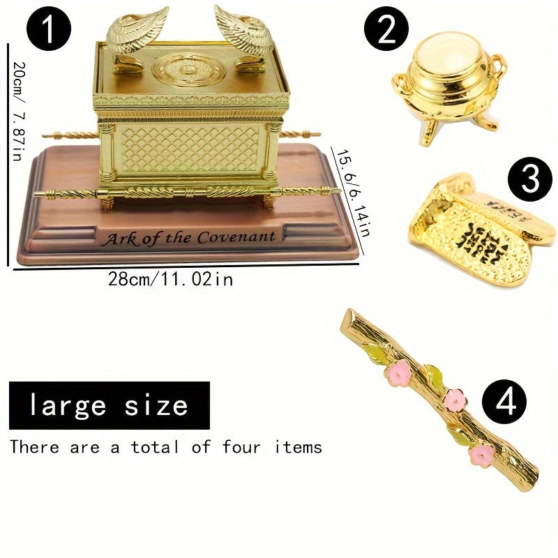 4-Piece Traditional Metal Ark of the Covenant Set - Home Decor Replicas, Jewish Religious Statues, Golden Jars, Aaron's Rod, Mana Pot, Rattan Staff - Suitable for Easter, Halloween, Hanukkah, Independence Day, Universal Holid