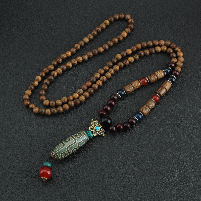 Bohemian Ethnic Wooden Buddha Bead Necklace for Men & Women - Natural Wood & Water Buffalo Turquoise Beads, Handcrafted Retro Unisex Jewelry for Daily Wear, Vacations, Unique Gift Idea