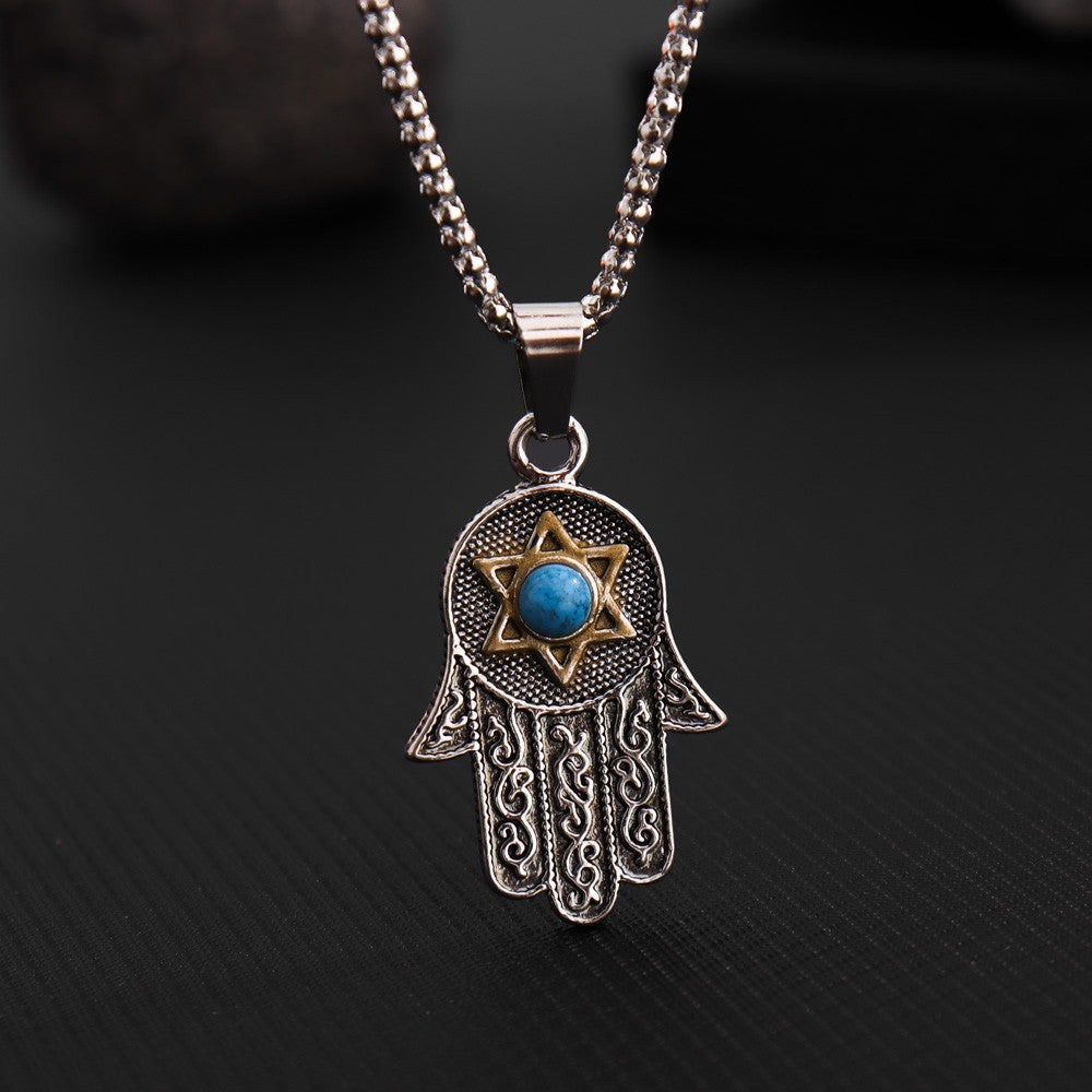 New Vintage Fashion Ancient Buddha Palm Six-Pointed Star Blue Pine Stone Pendant Necklace Men'S And Women'S Necklace Jewelry Accessories Gift Wholesale