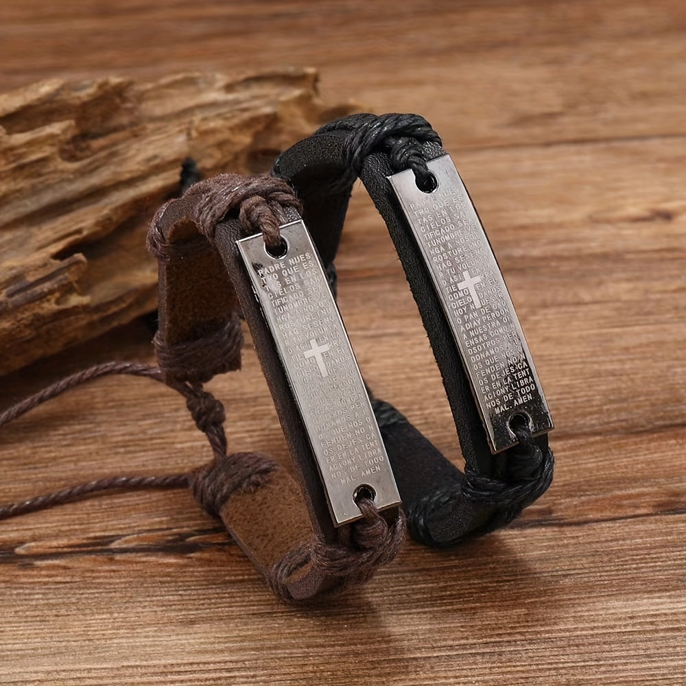 Cross Charm PU Leather Bracelets for Men, Adjustable Handmade Braided Wristband Set with Stainless Steel Plate, Religious Christian Jewelry - 1 Piece Set