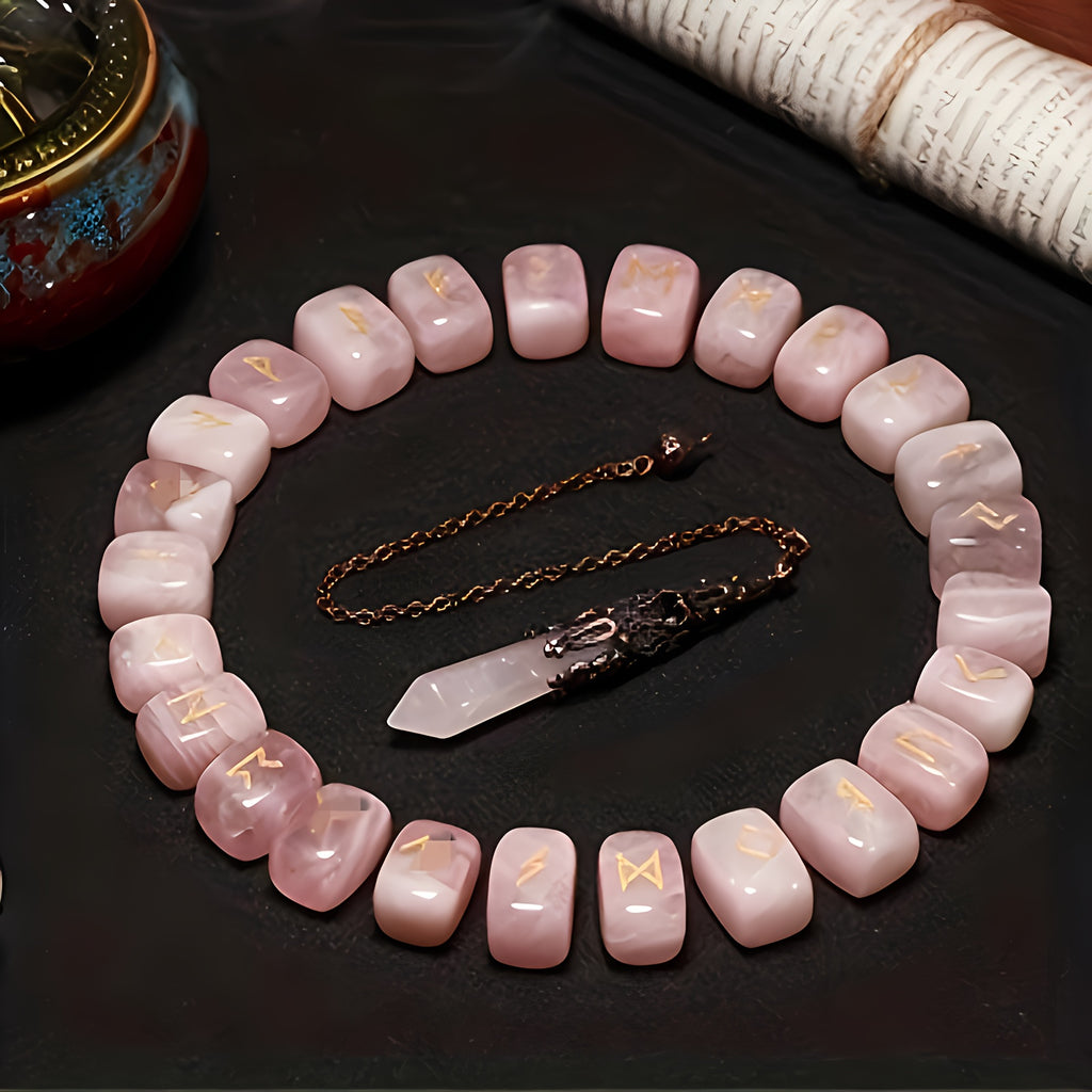 A Nordic Rune Set Featuring Crystal Rune Stones, Including 25 Rune Stones, a Pendant, And a Carved Wooden Board. Elegant And Exquisite