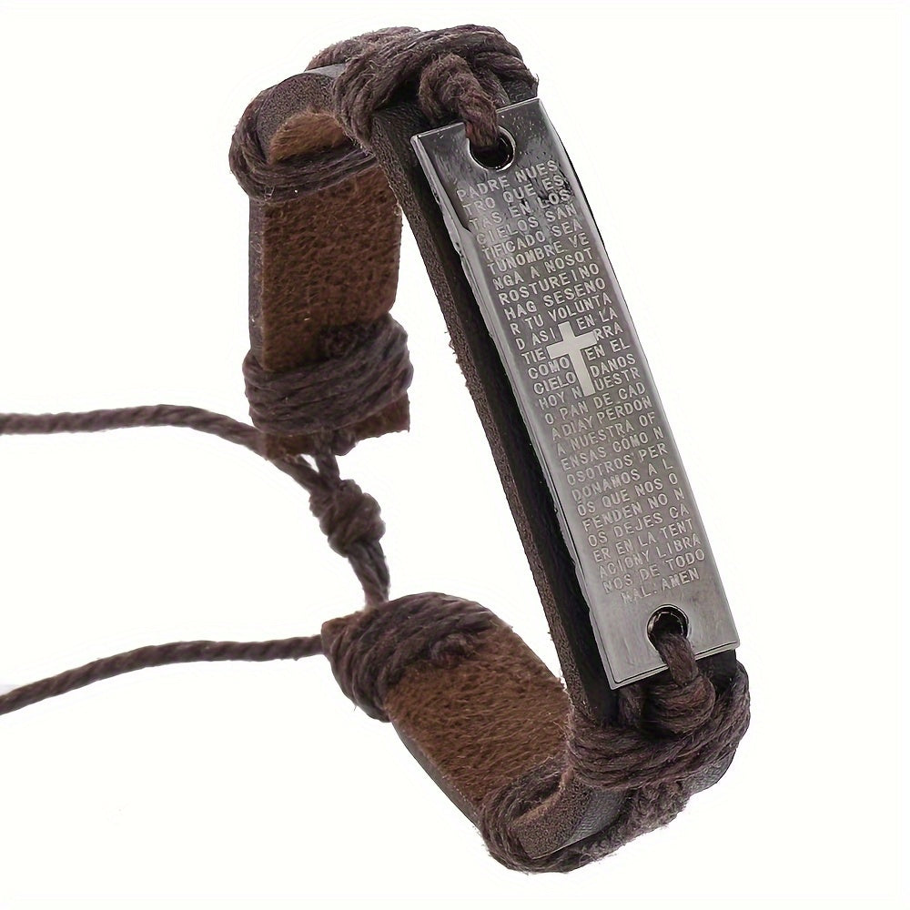 Cross Charm PU Leather Bracelets for Men, Adjustable Handmade Braided Wristband Set with Stainless Steel Plate, Religious Christian Jewelry - 1 Piece Set